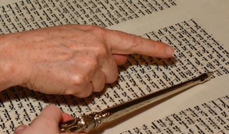 Two hands pointing at Torah