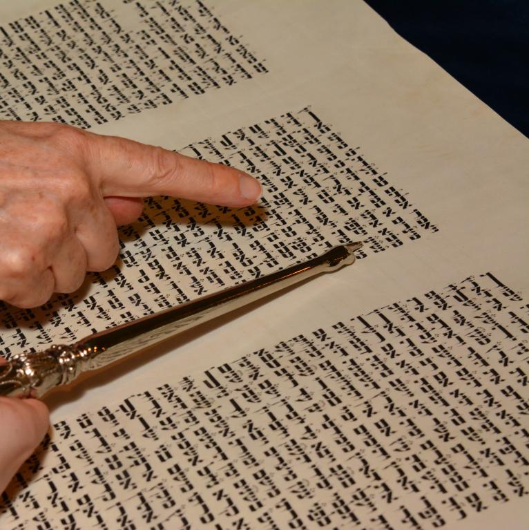 Two hands pointing at Torah