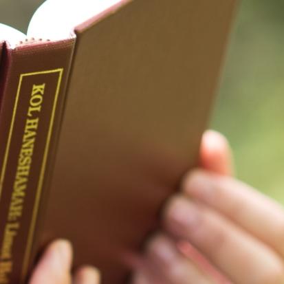 Hands of worshipper holding Reconstructionist prayerbook