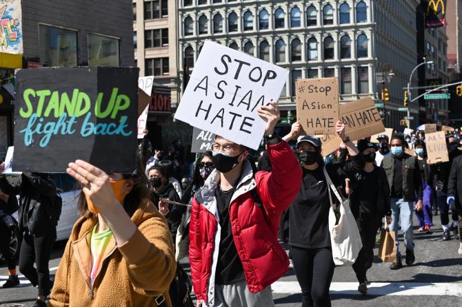 Outdoor street protest against hate crimes against Asian Americans