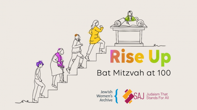 A graphic with diverse women that reads: Rise Up - Bat Mitzvah at 100
