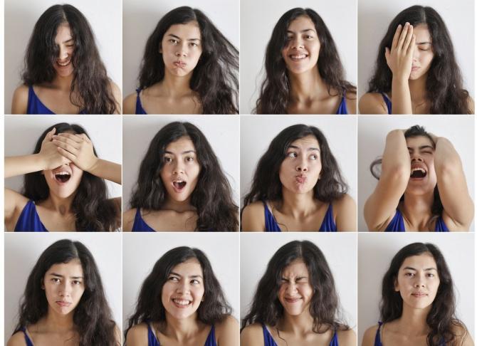 twelve small pictures of the same woman's face showing a variety of emotions