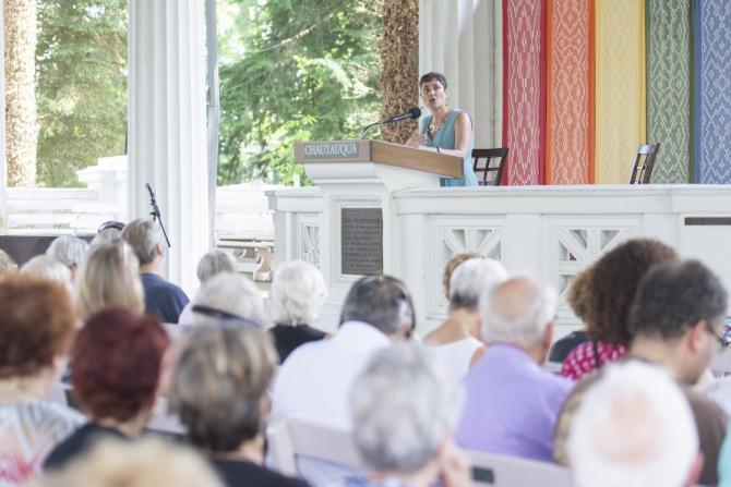 Rabbi Deborah Waxman speaks at the Chautaqua Institute. Image credit: Sarah Yenesel/Chatauqua Institution