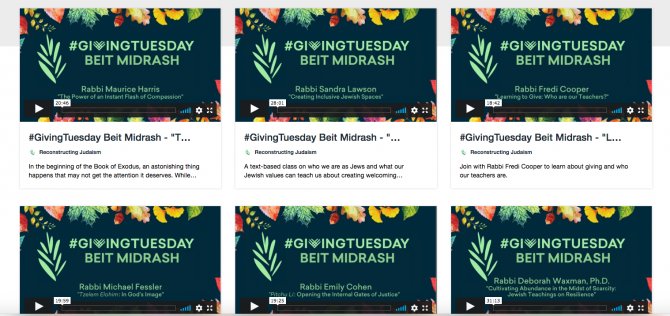 Screenshot of GIving Tuesday 2020 Beit Midrash video thumbnails
