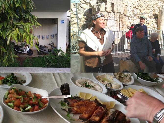 Mosaic of 3 photos: garage with scooters and Israeli flags; Rabbi Rosalind Glazer speaking to a group outdoors in the Old City of Jerusalem; Israeli meal with grilled fish, salad, hummus and other dips