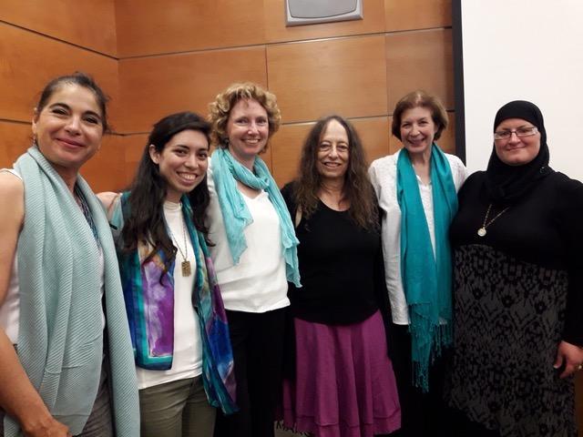 5 woman at Ben Gurion University panel with Rabbi Donna Kirshbaum (2nd from right), flanked by Carol Gillian to her left and Ghadir Hani to her right.