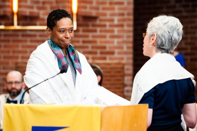 At RRC's 2018 graduation, Rabbi Sandra Lawson received a blessing from Elsie Stern, then vice president for academic affairs.