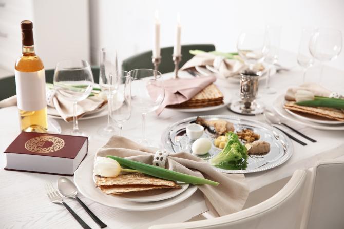 Seder table, fully set