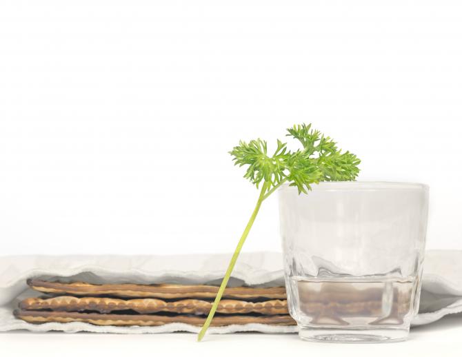 Parsley sprig leaning against glass of salt water, with matzah in the background