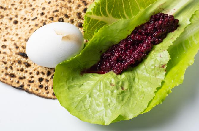 Matzah, horseradish, romaine lettuce and a hardboiled egg