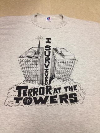 T-shirt with image of World Trade Center towers, and words 