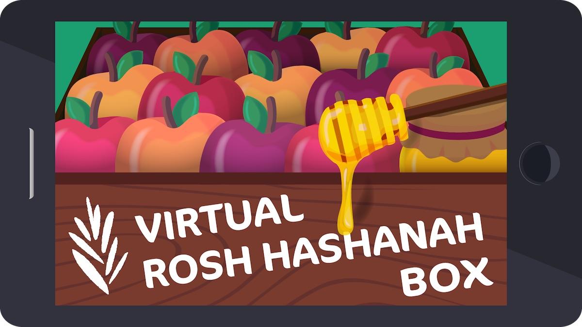 Box filled with apples and honey labelled "virtual rosh hashanah box"