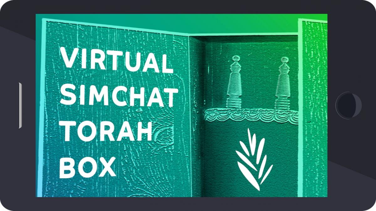 torah in ark with label "virtual simchat torah box" inscribed on door