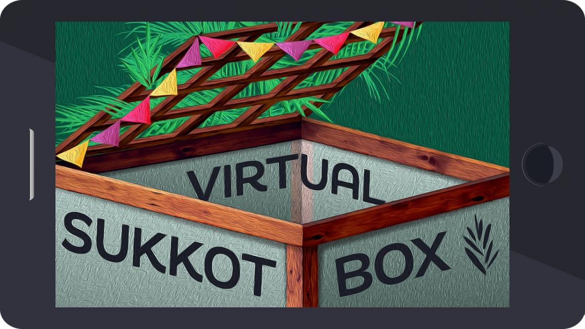 Box with fruit-bearing lid and cloth walls labelled "virtual sukkot box"