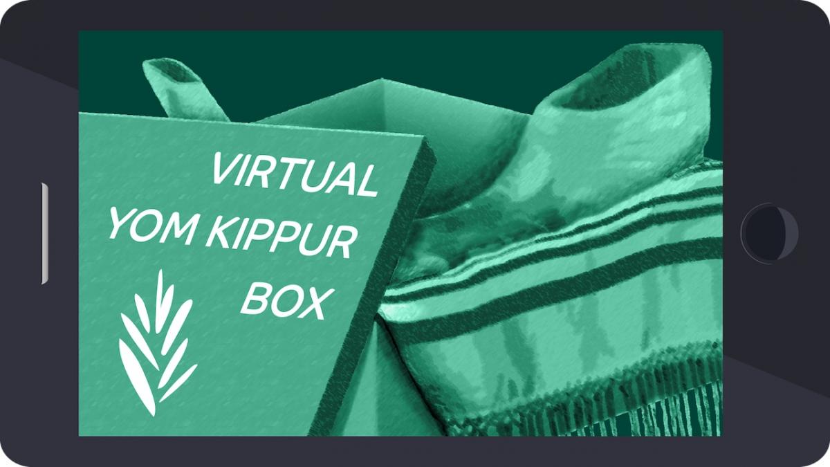Prayer book titled "virtual yom kippur box" with tallit and shofar