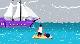 Guy on raft in rain