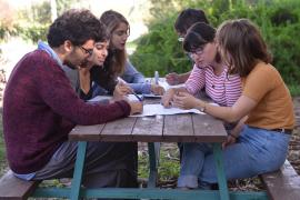 Five young adults studying at a picnic table