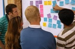 Group huddled around a whiteboard grouping and arranging post-it notes