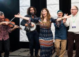 Members of Nefesh Mountain perform with Rabbis Micah Becker-Klein and Shawn Zevit