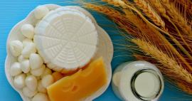 Arrangement of dairy foods and wheat on a blue background