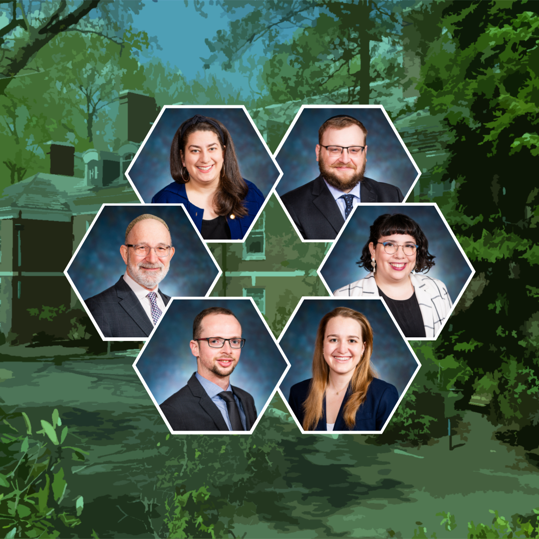 Image has all 6 graduates headshots in front of a green background of the college's building