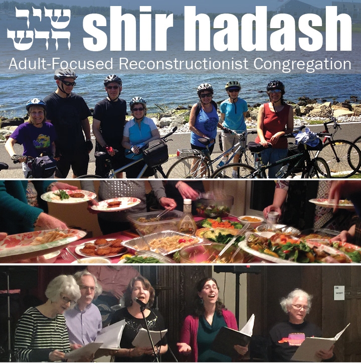 Group of cyclists by the sea; buffet of food; people singing and holding papers at Shir Hadash Congregation.