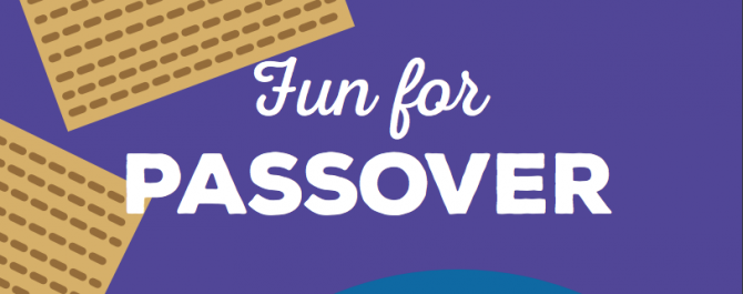 Fun for Passover on purple background with matzah and seder plate on either side