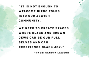 Text on a watercolor background about inclusivity in the Jewish community, quoting Rabbi Sandra Lawson.