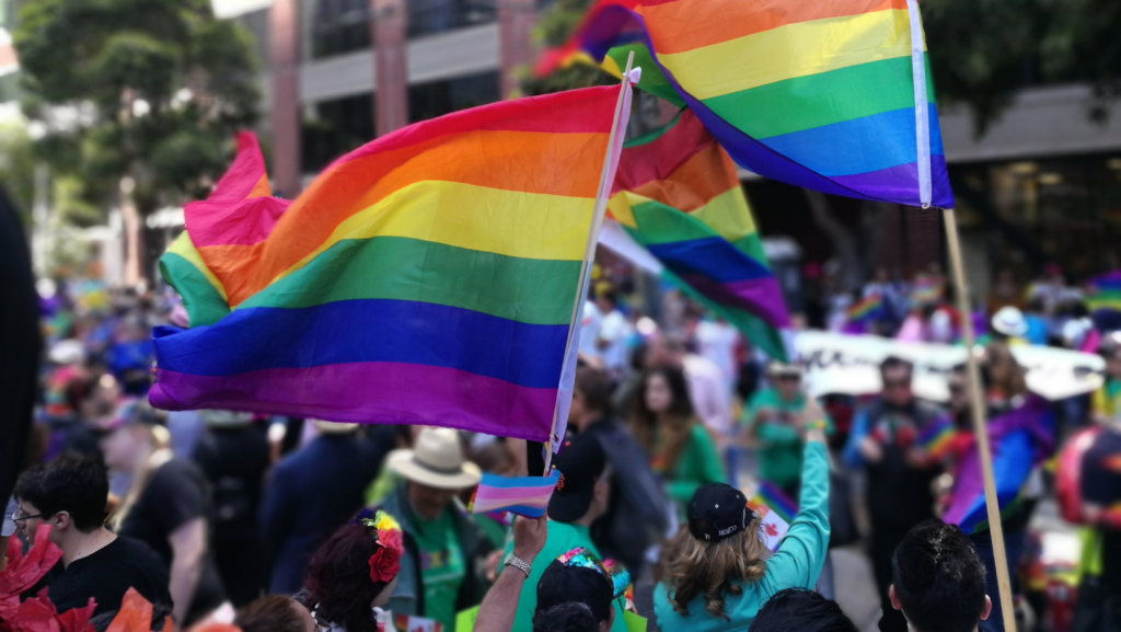 Crowd of people waiving rainbow LGBTQ pride flags