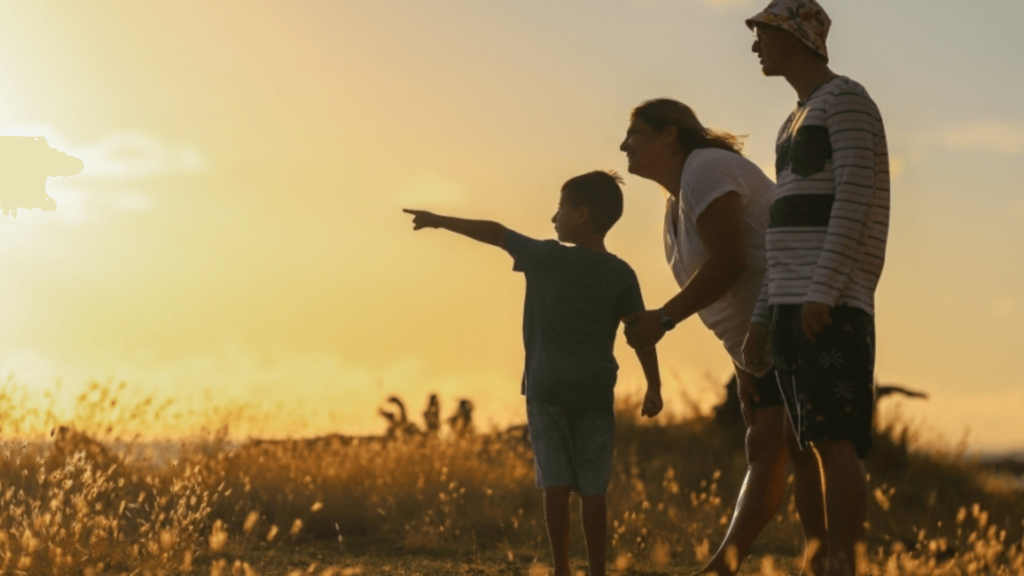 A man, woman and child in a field at sunset, the child pointing into the distance