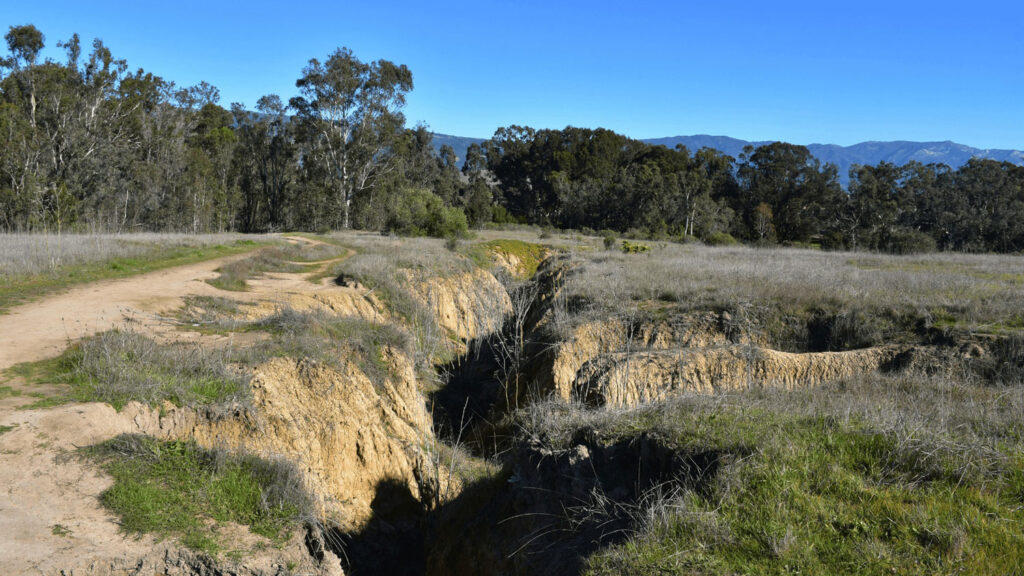 Natural ditch with trees and mountains in the background