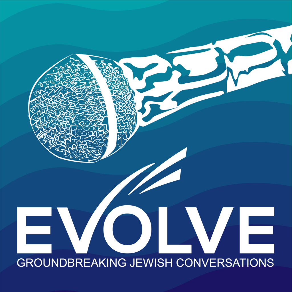 Illustration of a microphone with the text Evolve: Groundbreaking Jewish Conversations on a blue background.