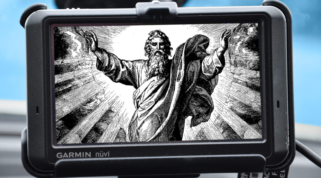 An image of Moses at Mt. Sinai appears on an older-style GPS device.
