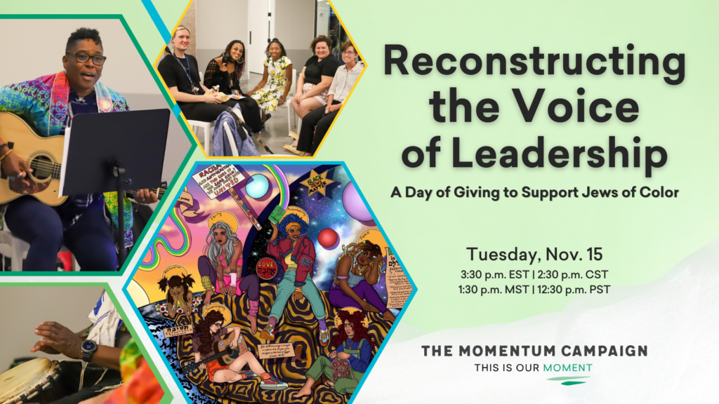 Collage promoting Reconstructing the Voice of Leadership event, featuring speakers, art, and initiative details.