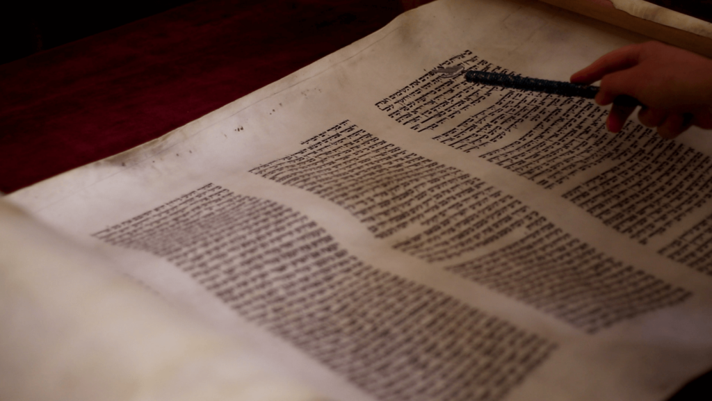 Close-up of an open Torah scroll with a person's hand and yad