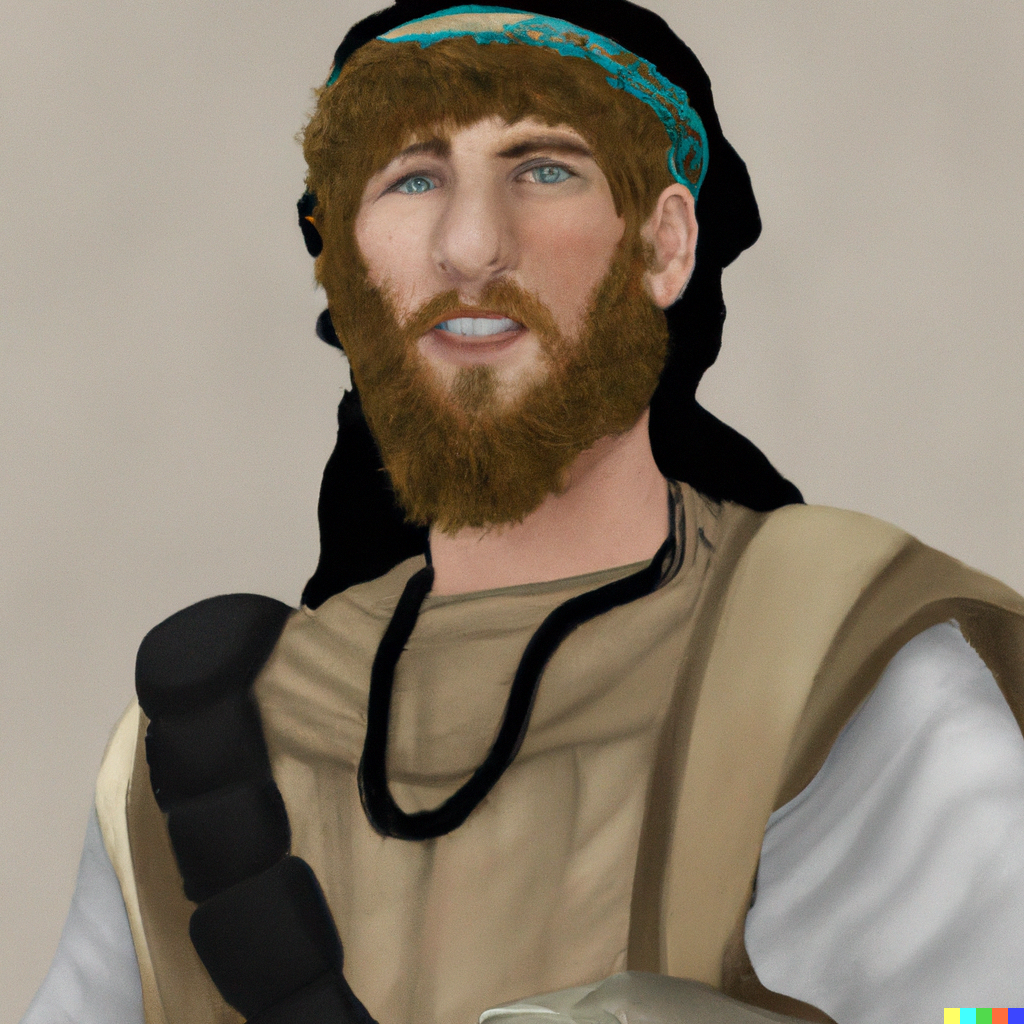 A computer generated image of a bearded Maccabee warrior.