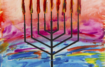 A computer-generated image of a menorah in an impressionistic style with lots of bright colors, pink, orange, blue, yellow.