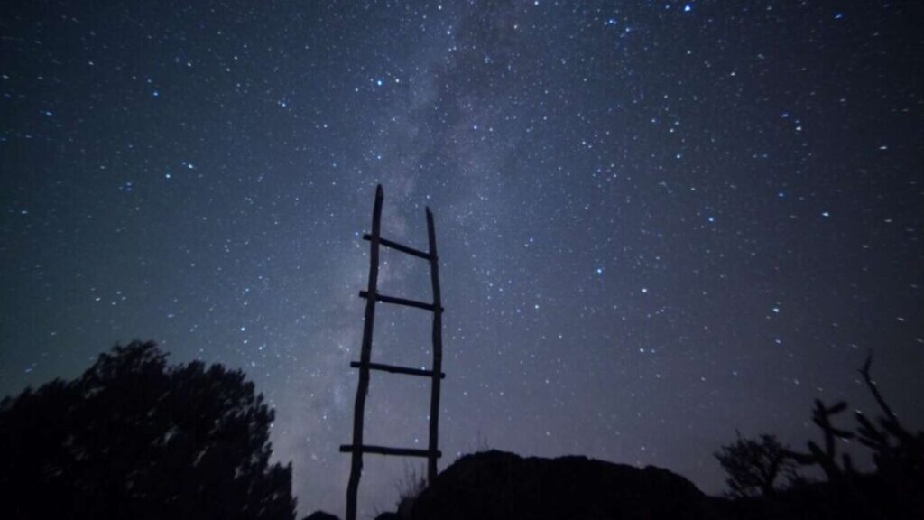 Silhouette of a later extending toward a star-filled night sky