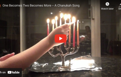 A hand lights a menorah with red and white candles for Chanukah.
