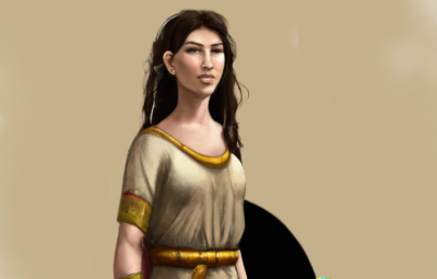 A woman with long hair in a flowing dress with gold accents stands against a plain background.