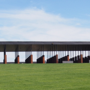 Modern building with a flat roof and tall, vertical supports on a green lawn under a blue sky.