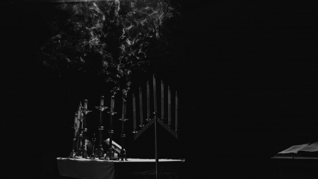 Black and white photo of a menorah