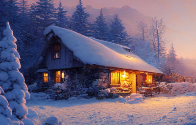 a cabin set in snow at dusk