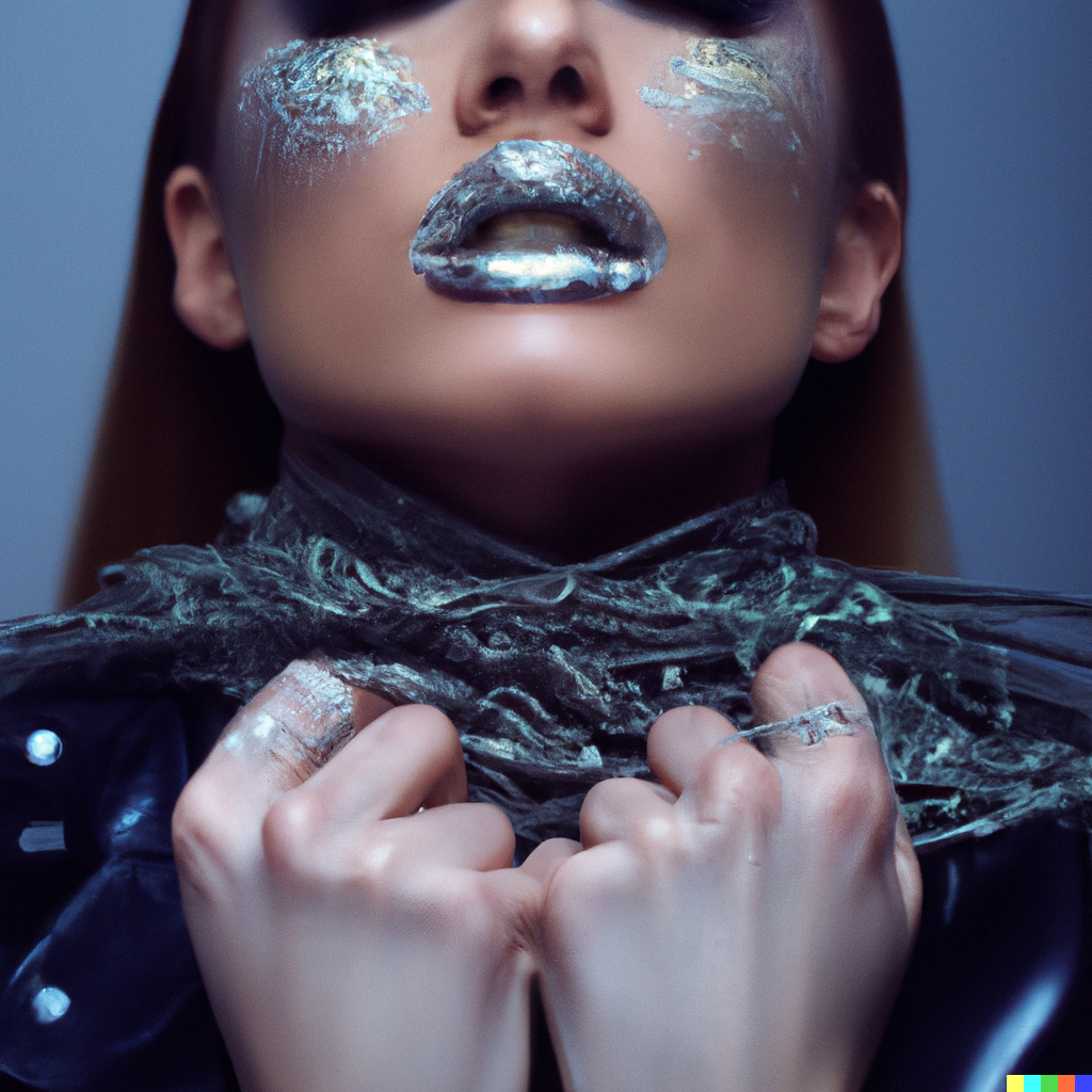 Close-up of a persons face with silver lips and eye makeup, holding a textured scarf. Eerie and artistic atmosphere.