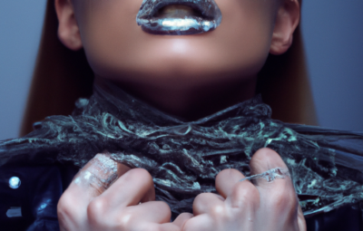 Close-up of a persons face with silver lips and eye makeup, holding a textured scarf. Eerie and artistic atmosphere.