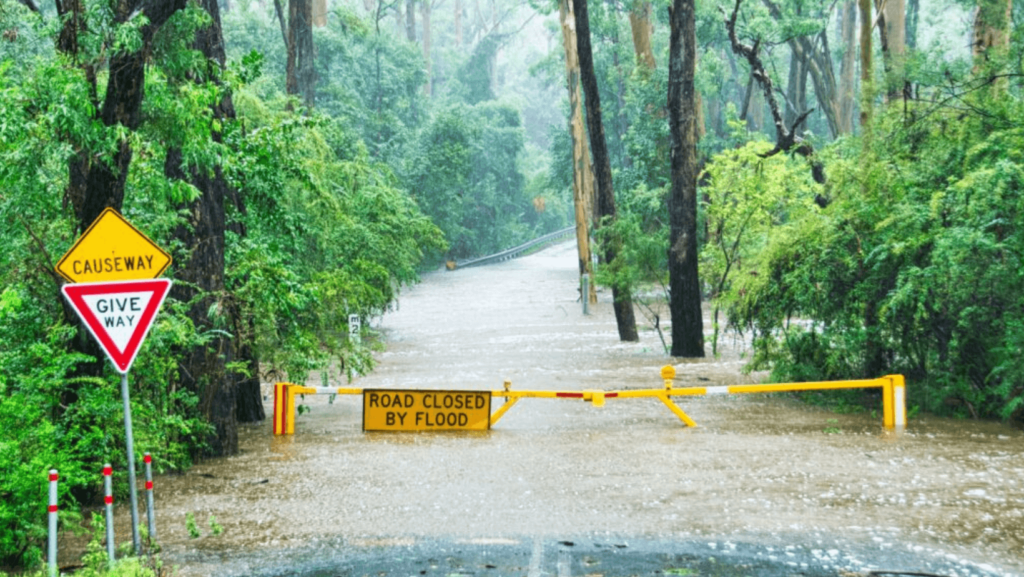 A flooded road blocked off by a sign that says Road Closed by Flood