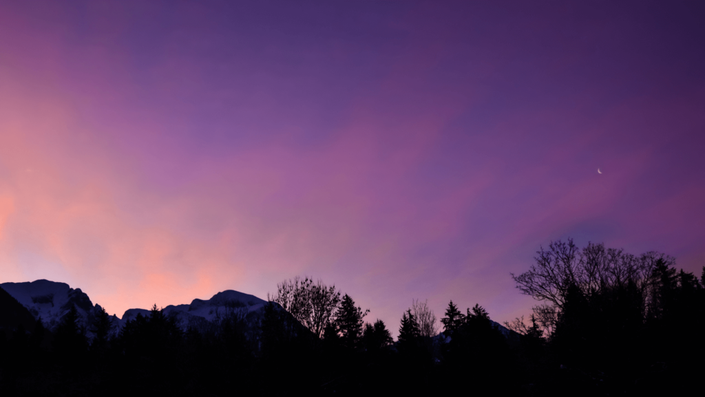 A landscape of rocks and trees silhouetted against a purple sky at twilight