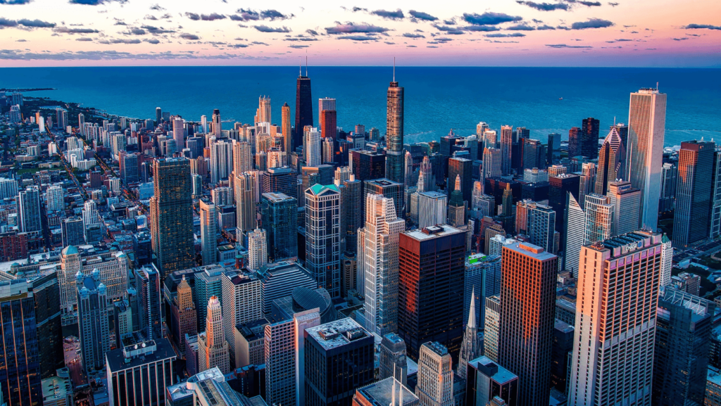 Aerial view of the Chicago skyline at sunset