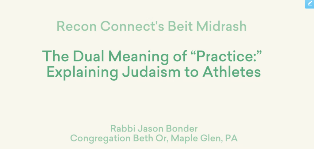 Slide displaying a talk title: The Dual Meaning of Practice: Explaining Judaism to Athletes by Rabbi Jason Bonder.