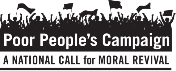 Silhouettes holding flags with text: Poor Peoples Campaign: A National Call for Moral Revival.